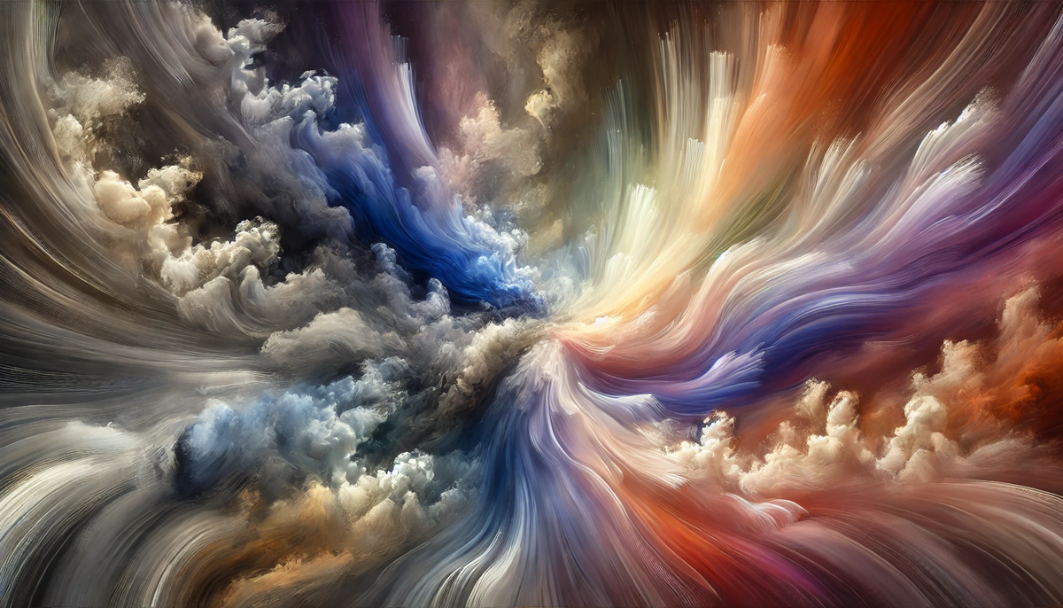 Abstract art of grays, indigos, and golds flowing upward, symbolizing transformation and renewal through color.